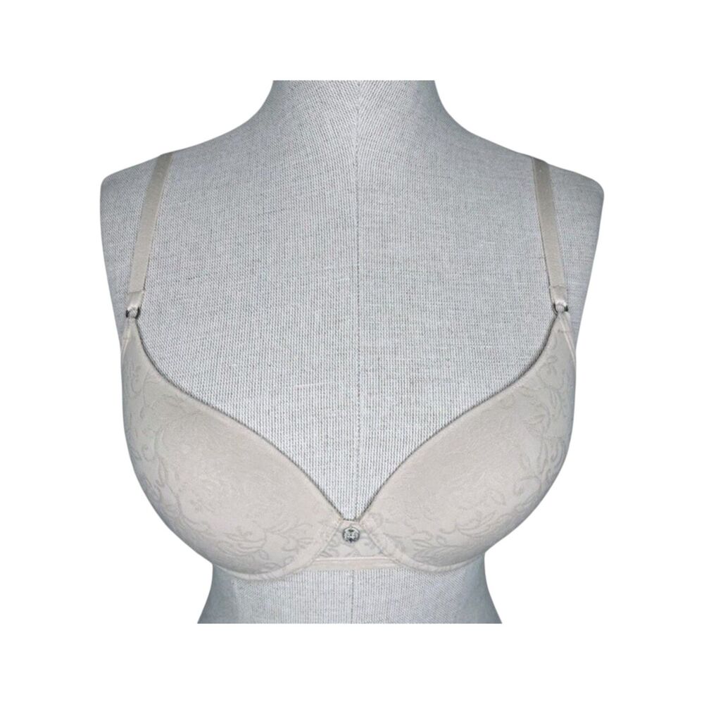 Natori Sheer Jacquard Full Fit T-Shirt Bra sz 32C * Lined Pale Beige Nude Lace